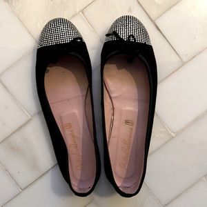 Black suede pink ballerina flats with crystal accent